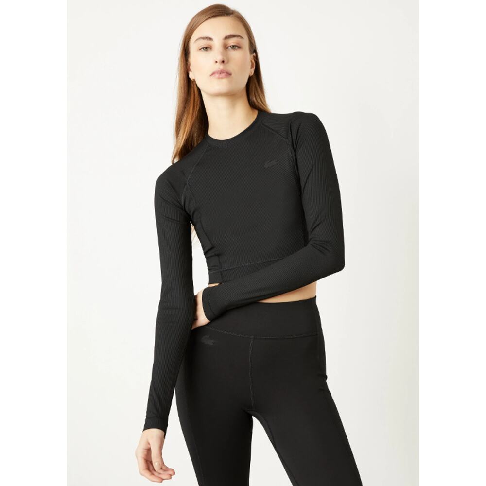 $56 Lacoste Sport Ribbed Stretch Black Long Sleeve Top - M